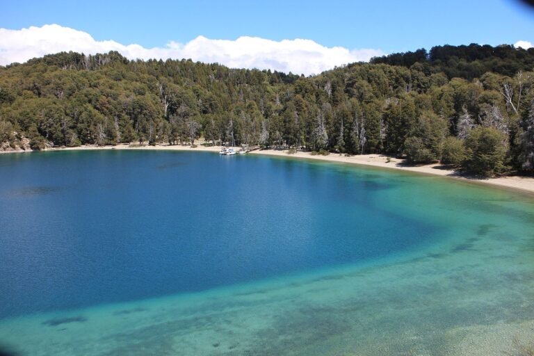 Água verde-esmeralda numa praia da Isla Victoria, no Lago Nahuel Huapi