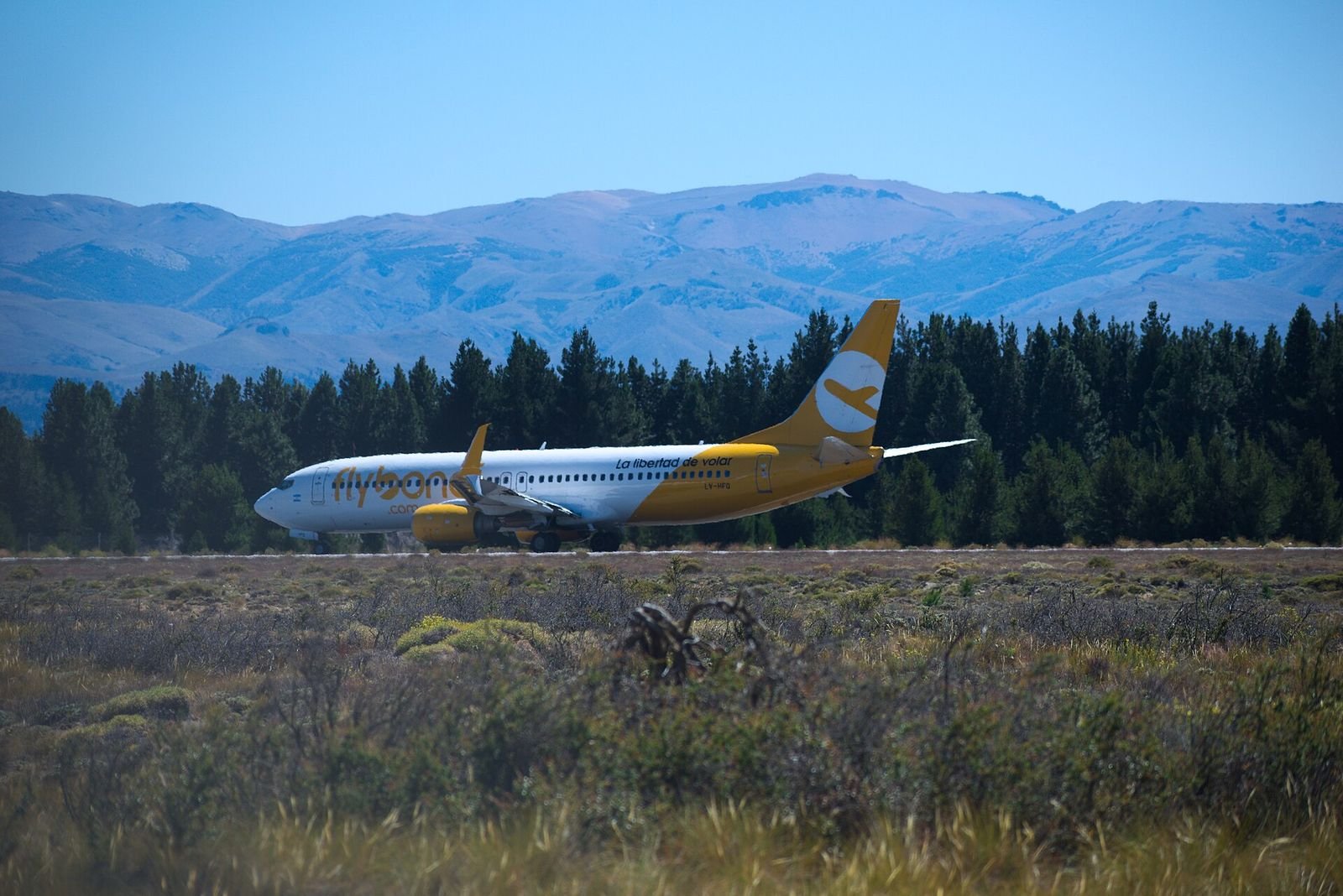 Voo para Bariloche: avião pousando no aeroporto, com bosque e montanhas ao fundo
